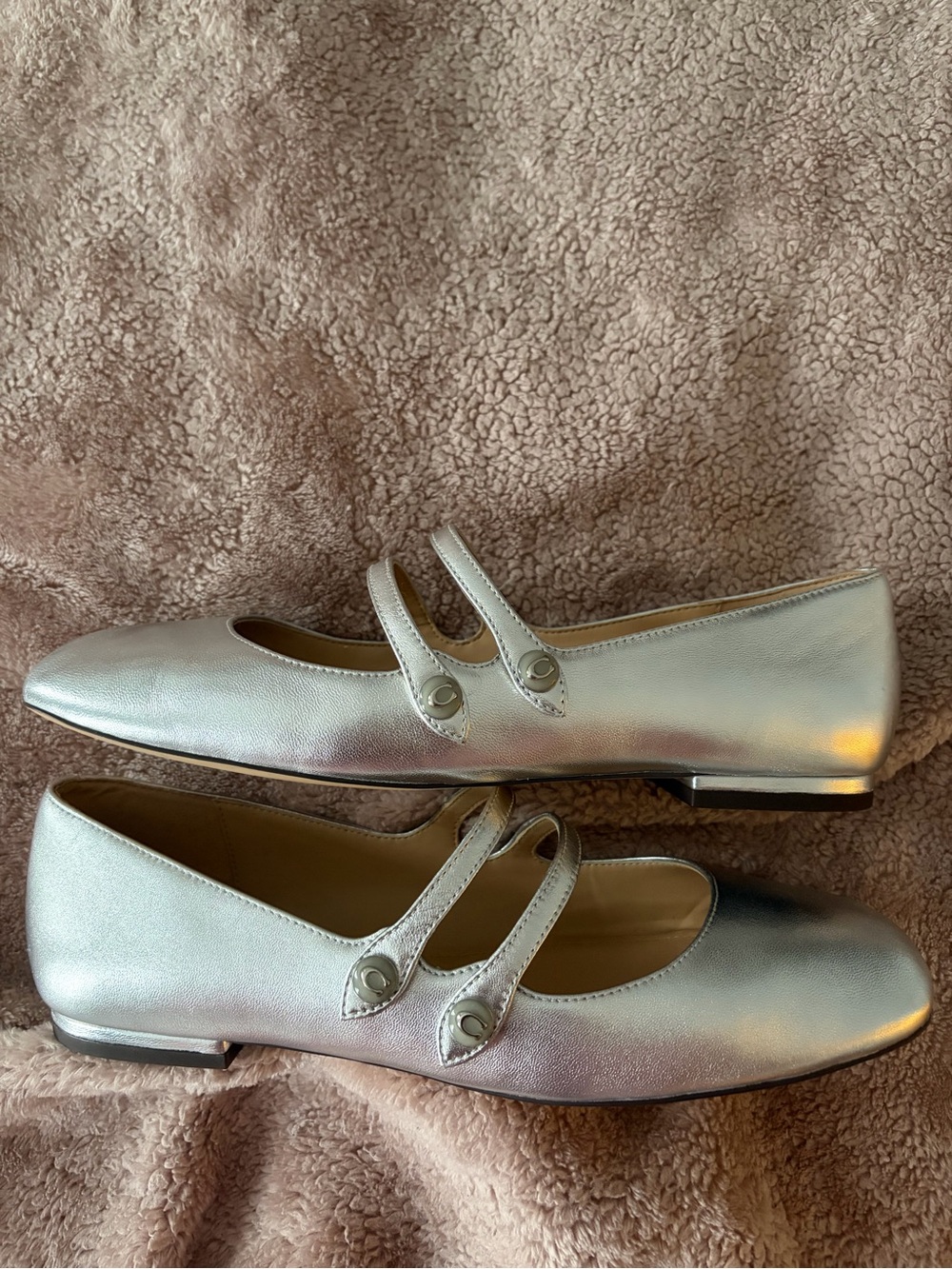 Coach Metallic Silver Double-Strap Mary Jane Flats